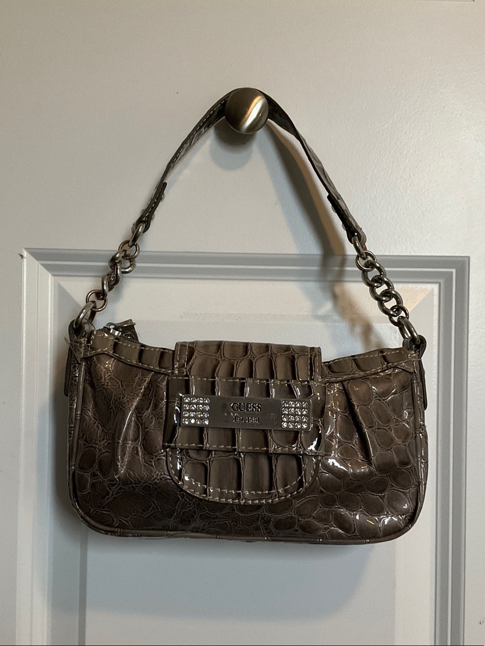 GUESS Brown Croc-Embossed Patent Shoulder Bag with Chain Strap